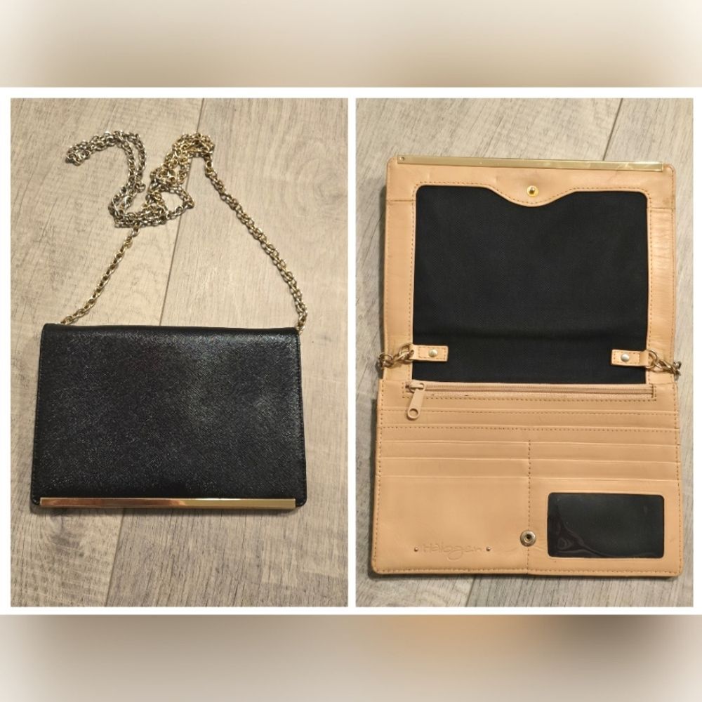 Halogen black genuine saffiano leather clutch crossbody purse wallet with chain